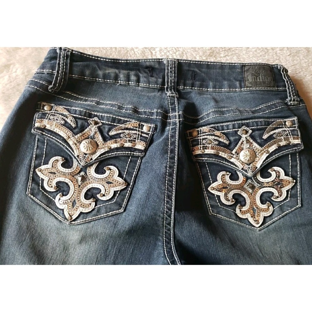 Love Indigo 28 X 29.5L Stretch Bootcut Leather Rhinestone Jeans Sz 6 Women's EUC